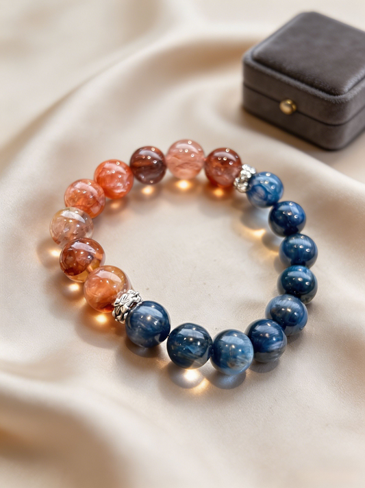 "Crimson Flame & Ocean Plume" — Premium Red Hematoid Quartz & Kyanite Balanced Single-Loop Bracelet