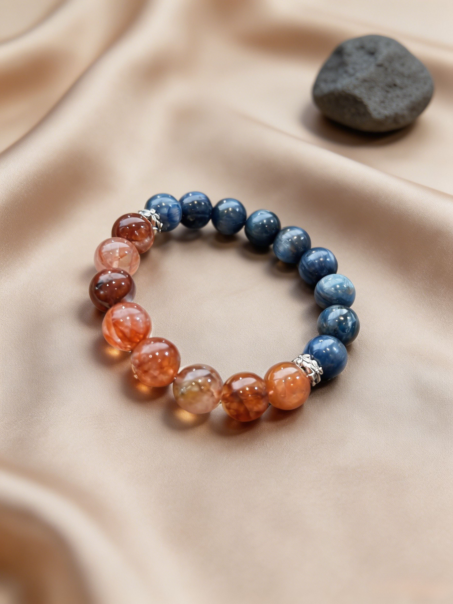 "Crimson Flame & Ocean Plume" — Premium Red Hematoid Quartz & Kyanite Balanced Single-Loop Bracelet