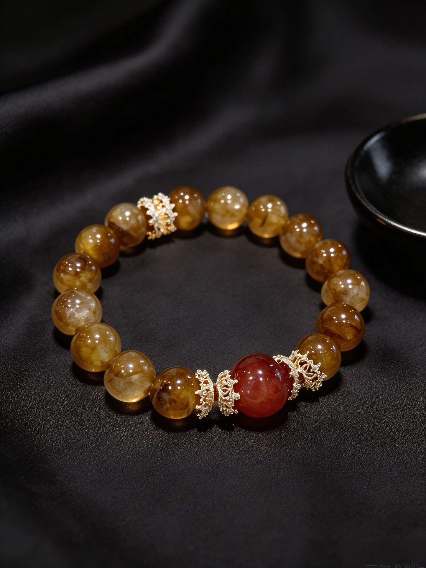 "Honey Flame & Golden Feast" — Premium Yellow & Red Hematoid Quartz Vintage Single-Loop Bracelet