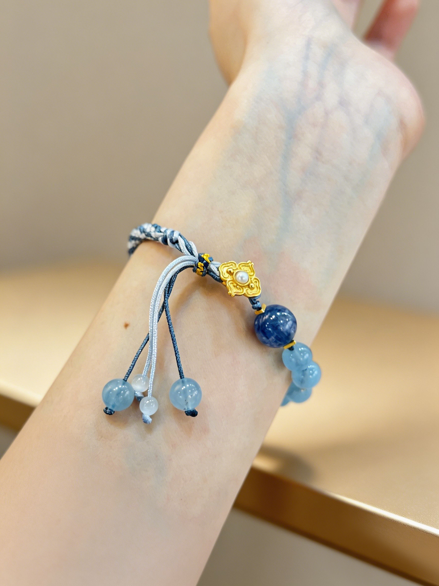 "Deep Ocean Sanctuary" — Premium Deep Aquamarine & Hetian Jade Hand-Woven Cord Bracelet