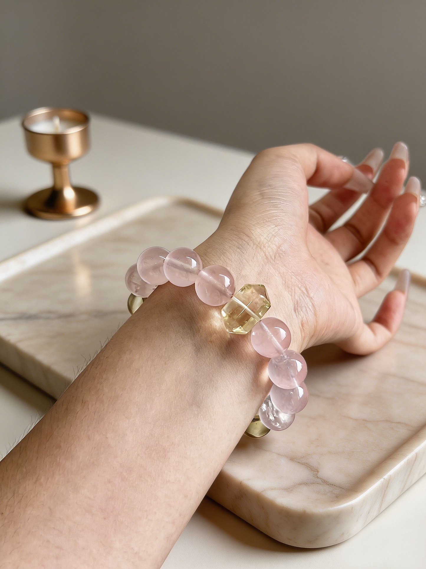 "Peach Mist & Golden Ripples" — Premium Morgan Pink Quartz & Faceted Lemon Quartz Luxury Bracelet