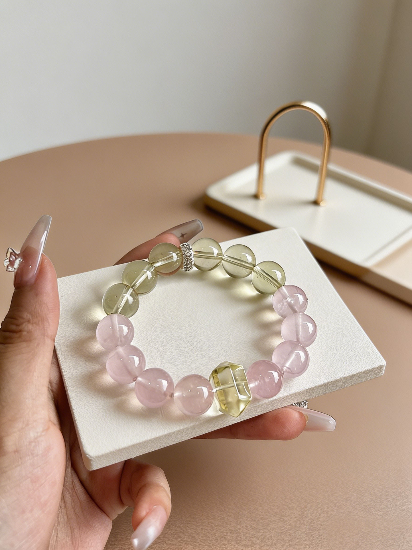 "Peach Mist & Golden Ripples" — Premium Morgan Pink Quartz & Faceted Lemon Quartz Luxury Bracelet