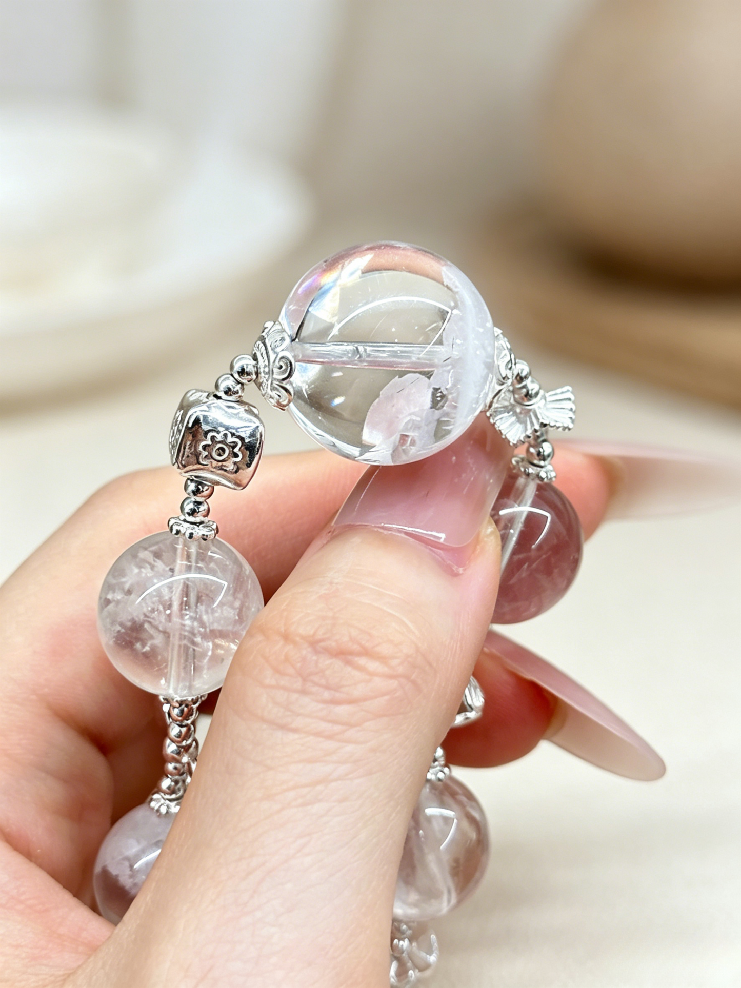 "Frost Canopy & Hidden Snow" — Rare White Phantom Quartz & Artisan 925 Silver Bracelet