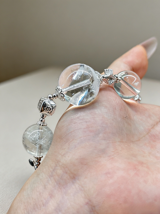 "Frost Canopy & Hidden Snow" — Rare White Phantom Quartz & Artisan 925 Silver Bracelet
