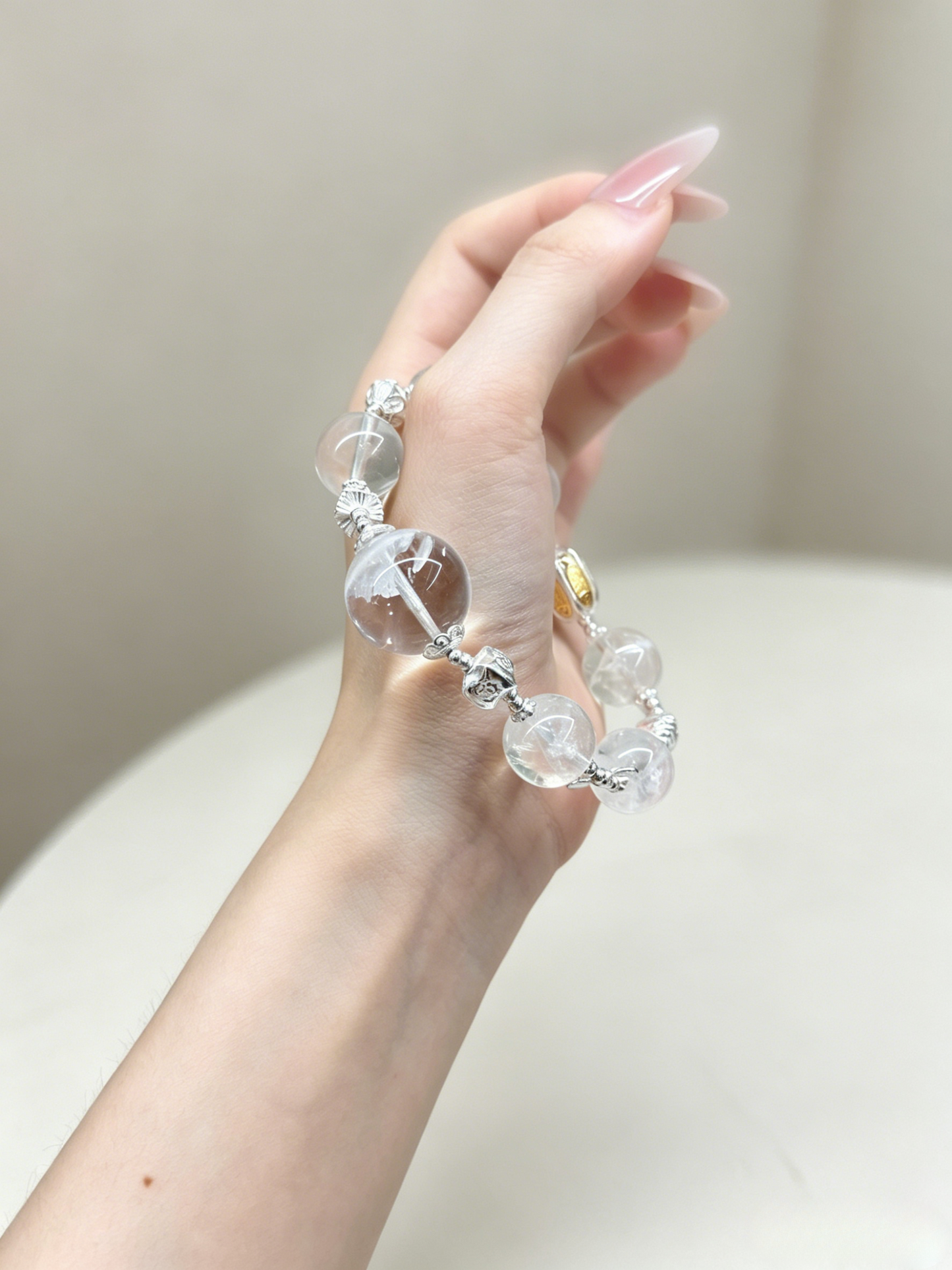 "Frost Canopy & Hidden Snow" — Rare White Phantom Quartz & Artisan 925 Silver Bracelet