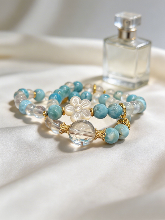 "Ocean Waves & Serene Order" — Premium Full-Pattern Larimar, Creamy Blue Moonstone & Clear Quartz Double-Loop Bracelet