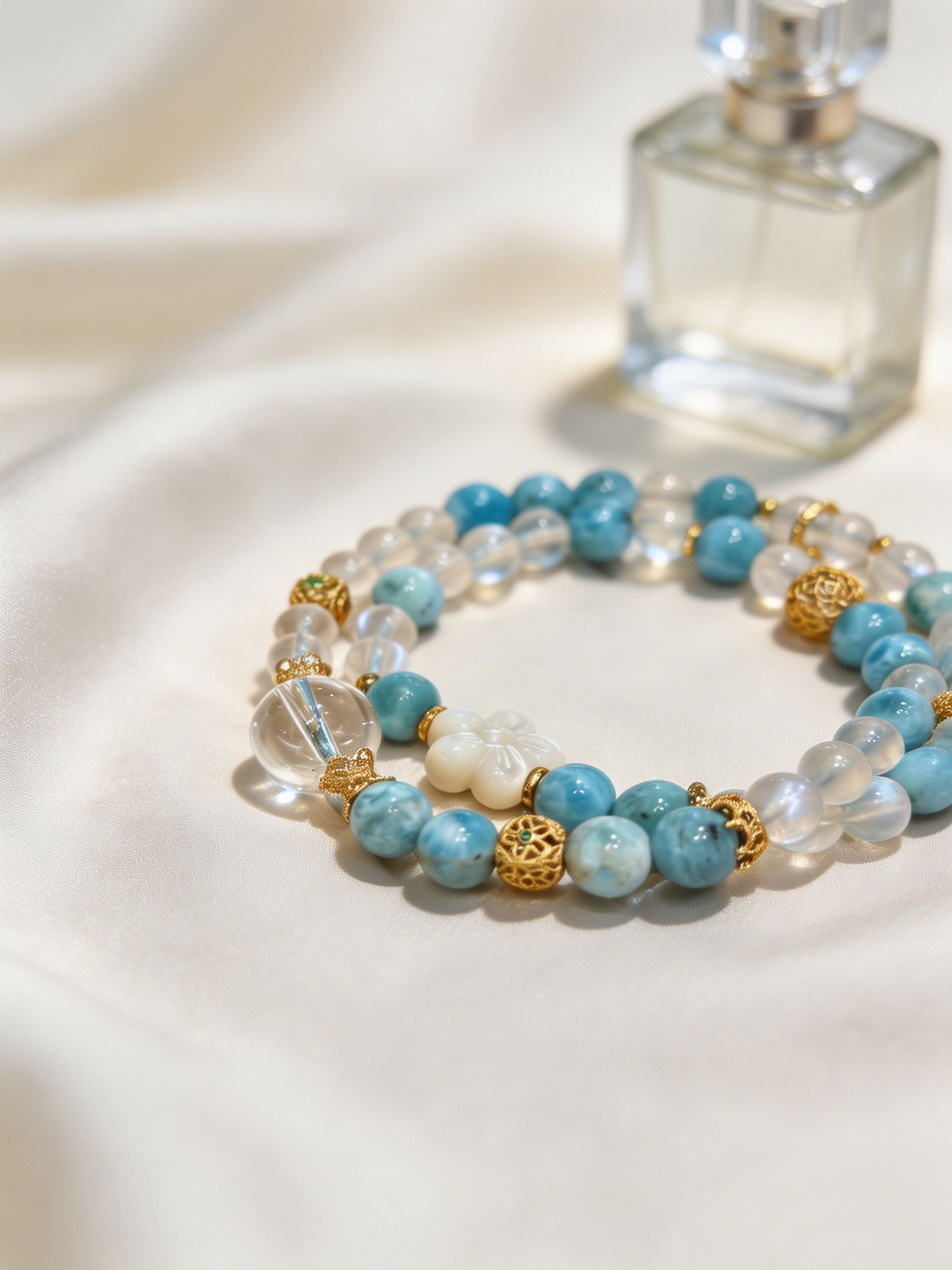 "Ocean Waves & Serene Order" — Premium Full-Pattern Larimar, Creamy Blue Moonstone & Clear Quartz Double-Loop Bracelet
