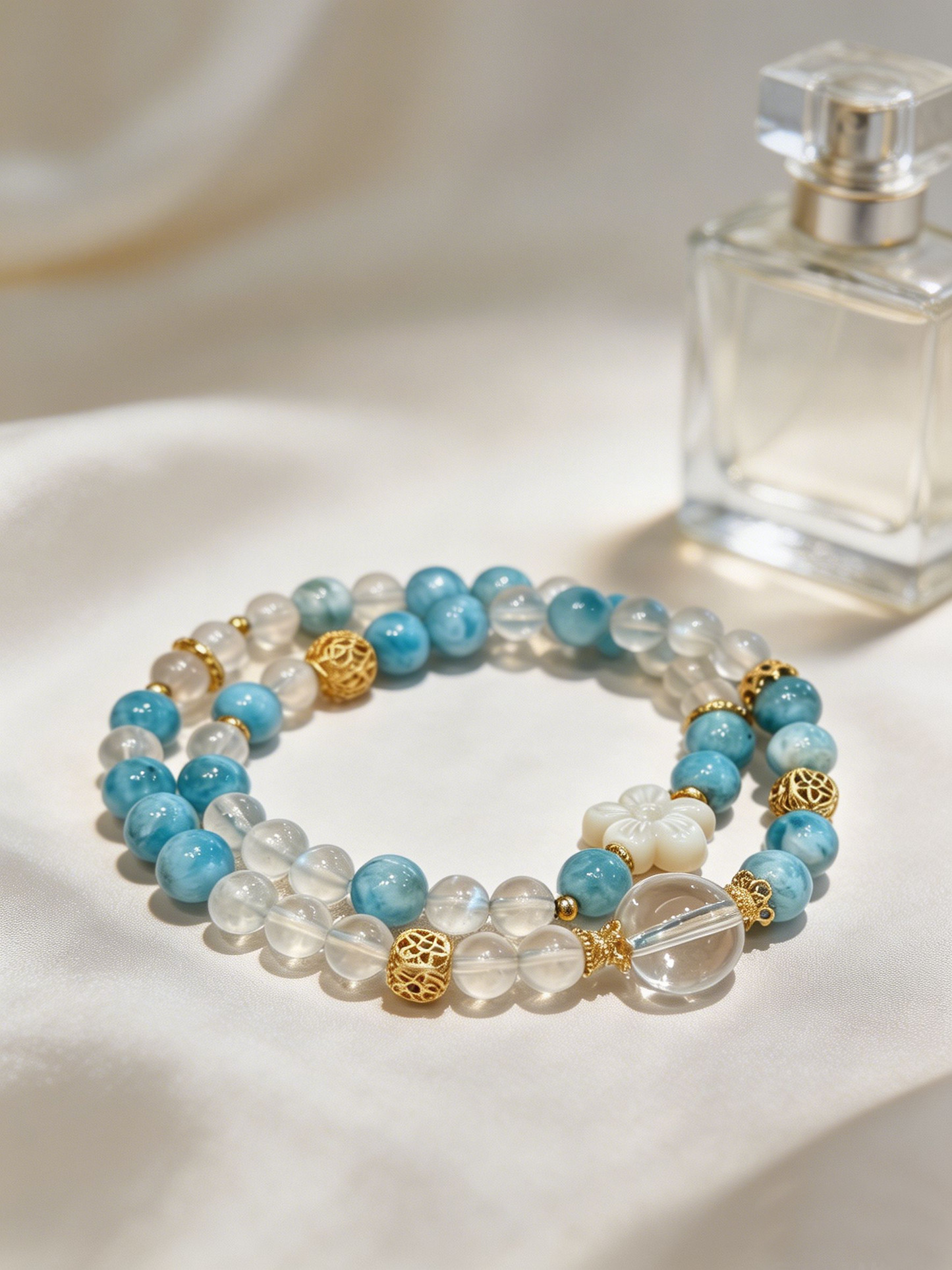 "Ocean Waves & Serene Order" — Premium Full-Pattern Larimar, Creamy Blue Moonstone & Clear Quartz Double-Loop Bracelet