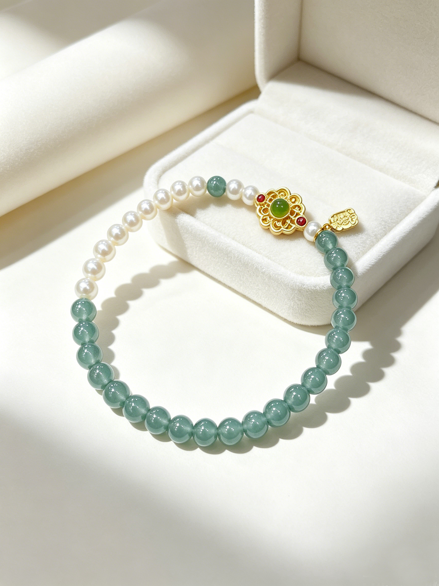 "Misty Ripples & Pearl Jade" — Ice-Clear Blue Water Jadeite & Soft-Glow Freshwater Pearl Slim Bracelet