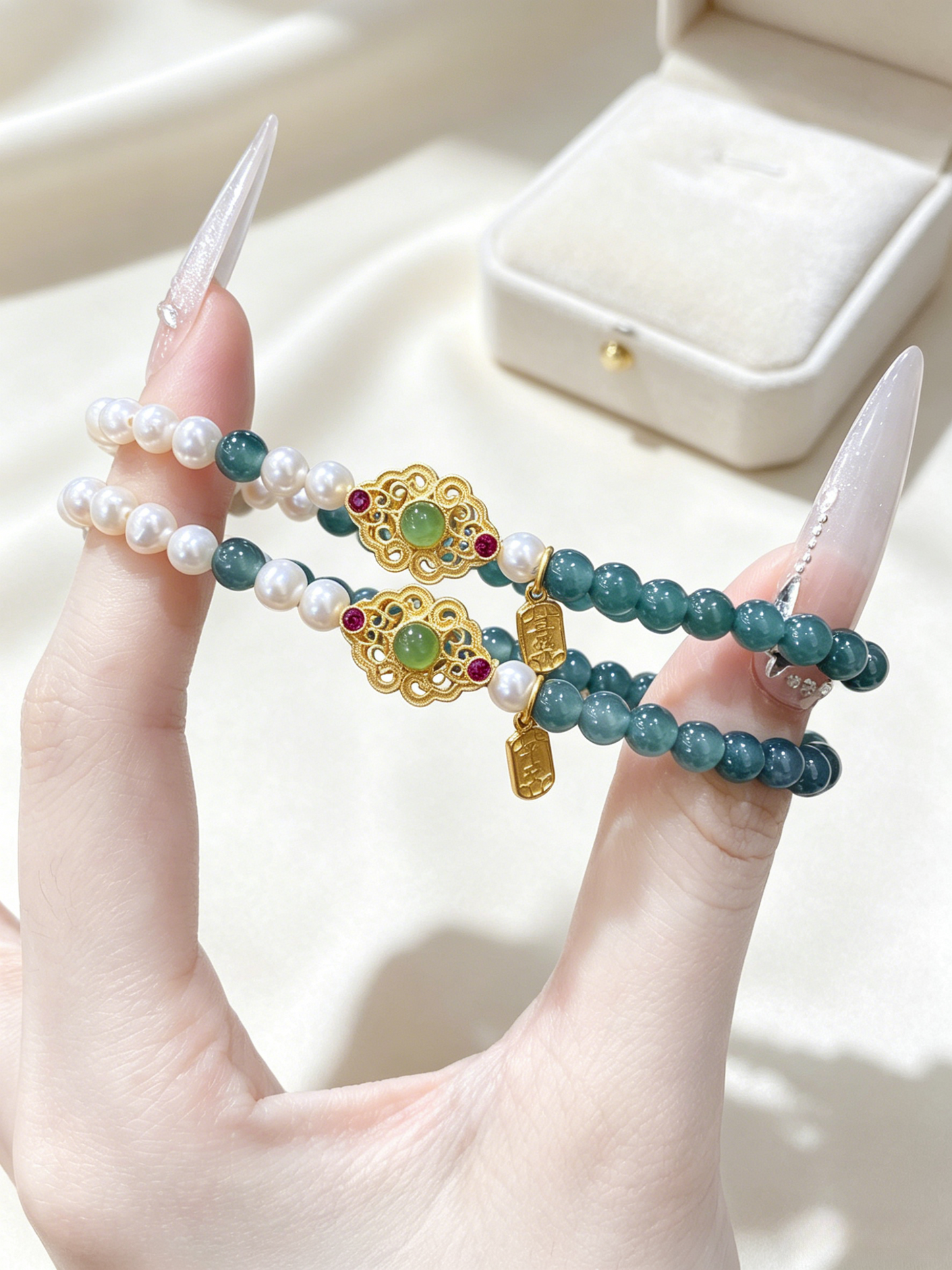 "Misty Ripples & Pearl Jade" — Ice-Clear Blue Water Jadeite & Soft-Glow Freshwater Pearl Slim Bracelet