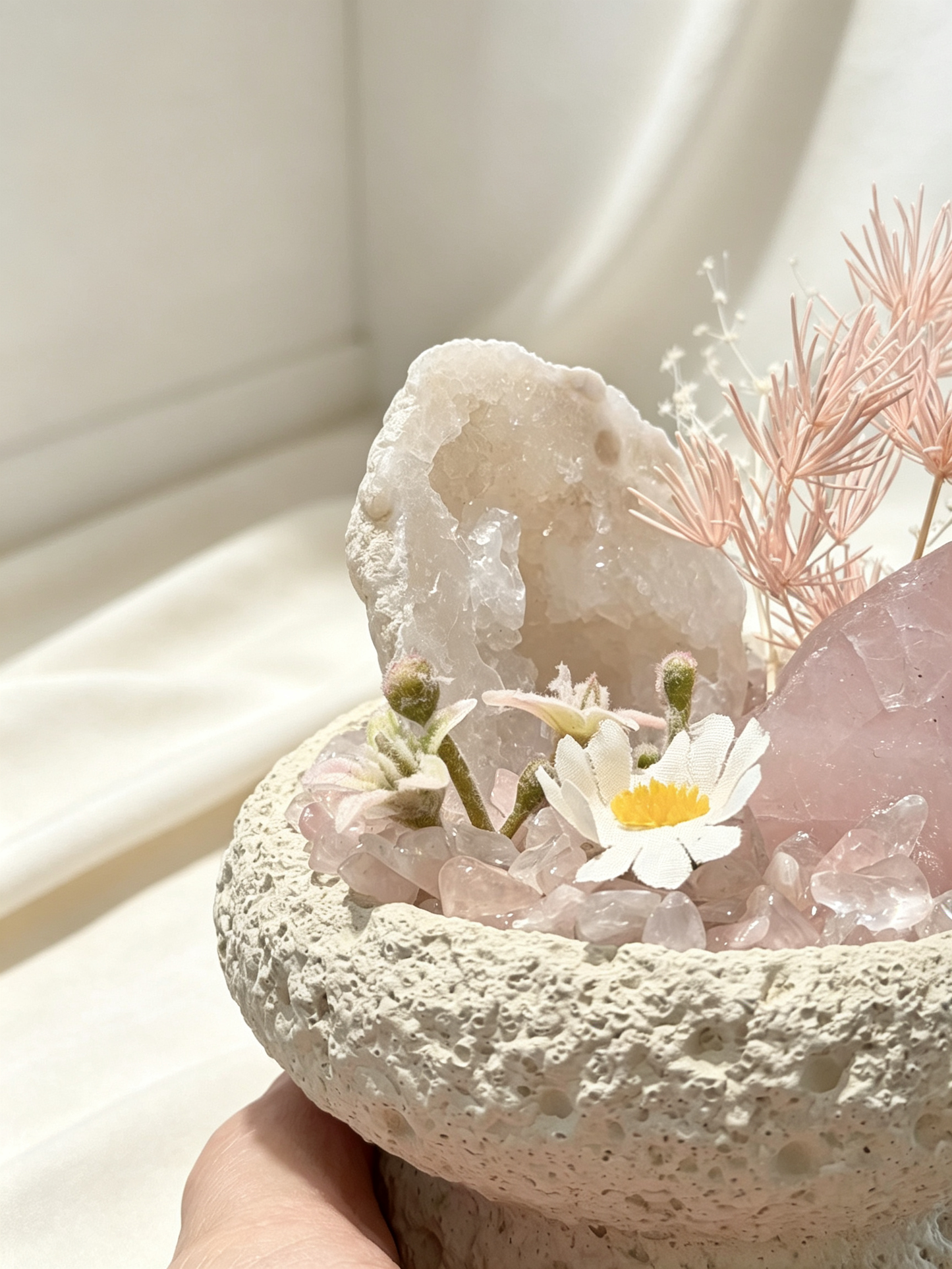 Peach Nest Rose Quartz & Clear Quartz Geode Healing Desk Garden