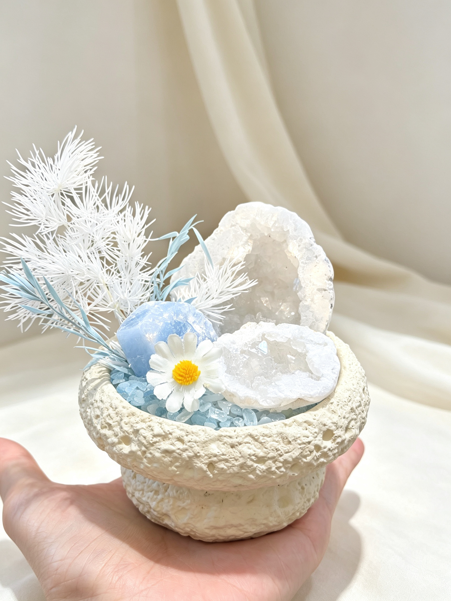 Tide Nest Clear Quartz Geode & Aquamarine Calming Crystal Garden
