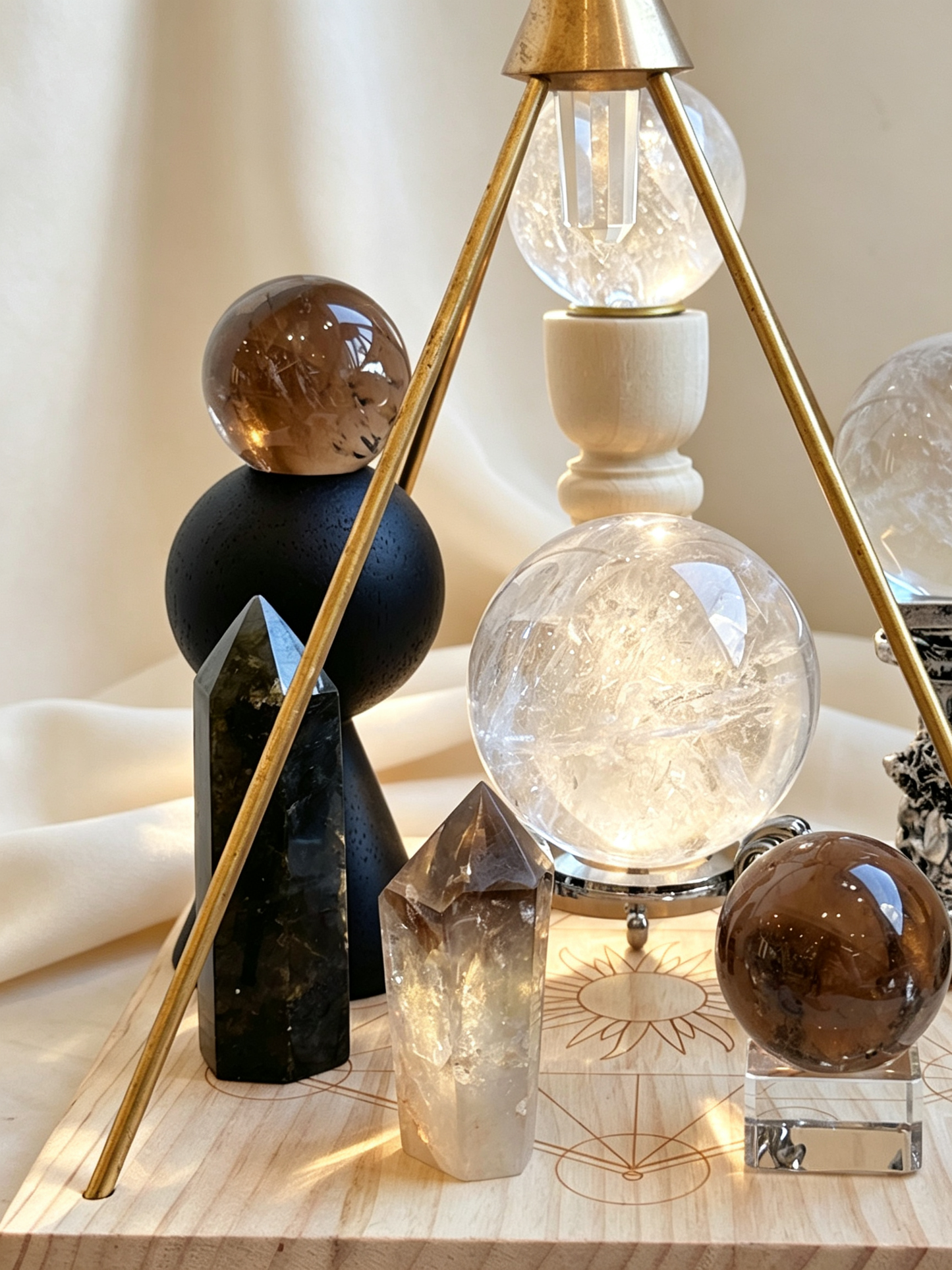 Clear Ground White Azeztulite & Smoky Quartz Crystal Grid