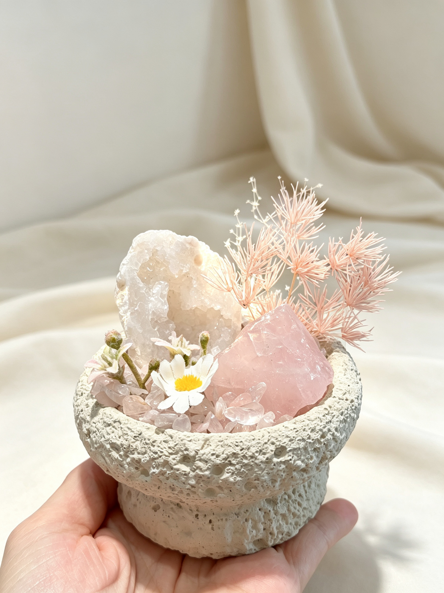 Peach Nest Rose Quartz & Clear Quartz Geode Healing Desk Garden