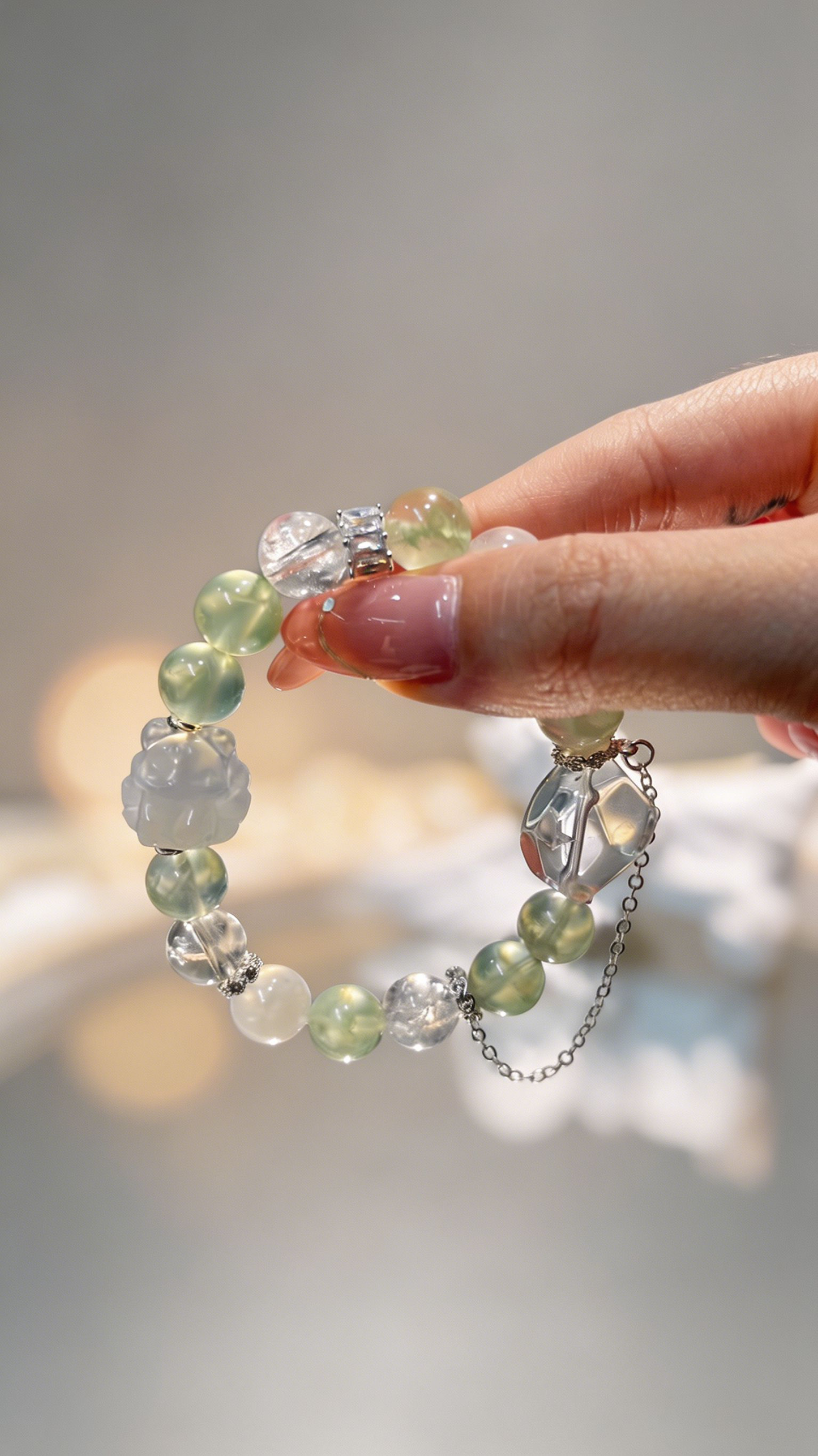 "Mint Mist & Gentle Aura" — Prehnite, Moonstone & White Jade Nine-Tailed Fox Multi-Gemstone Bracelet