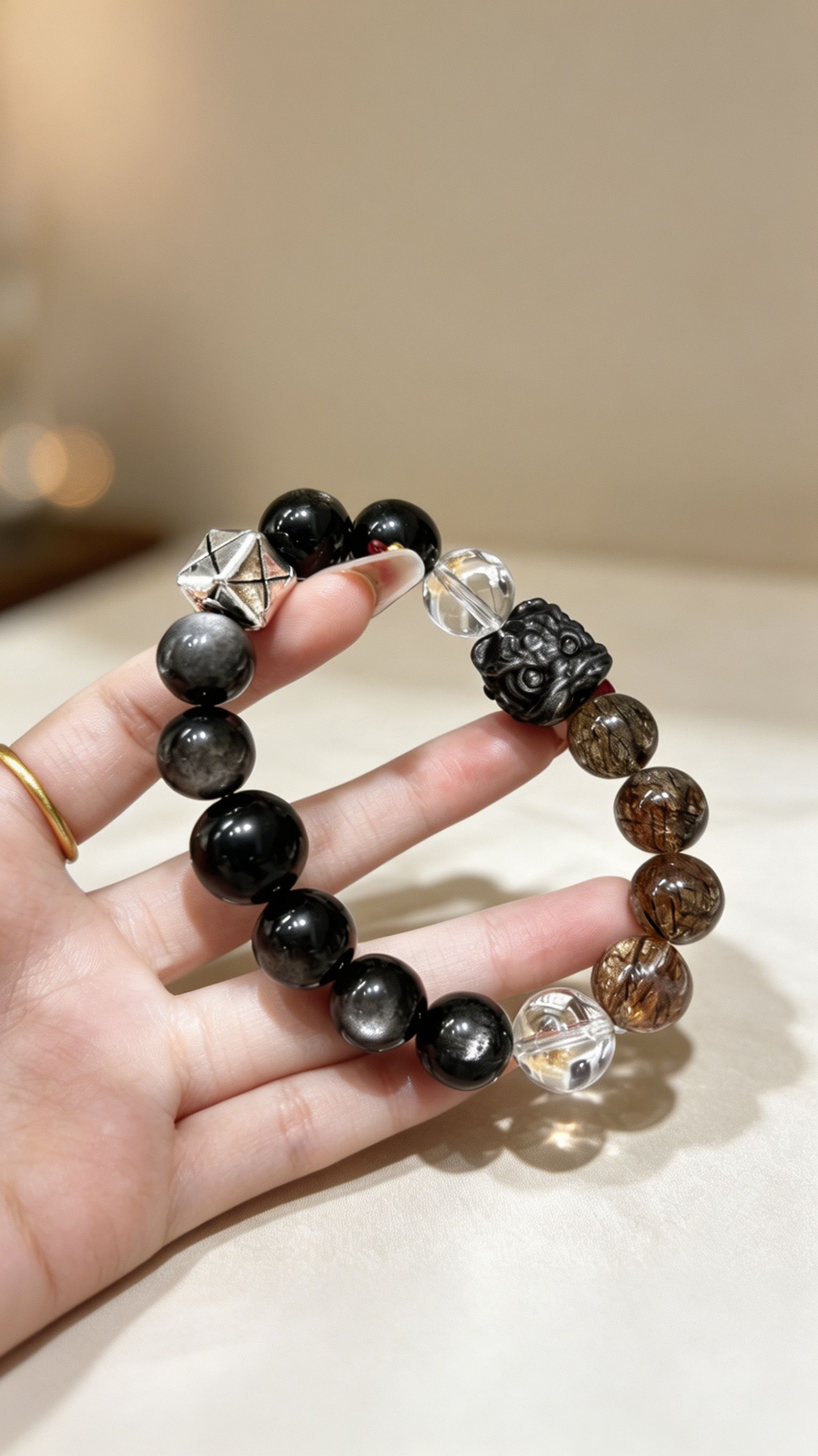 "Obsidian Lion's Vigil" — Premium Gold Obsidian, Silver Obsidian & Clear Quartz Fortune Bracelet image 11